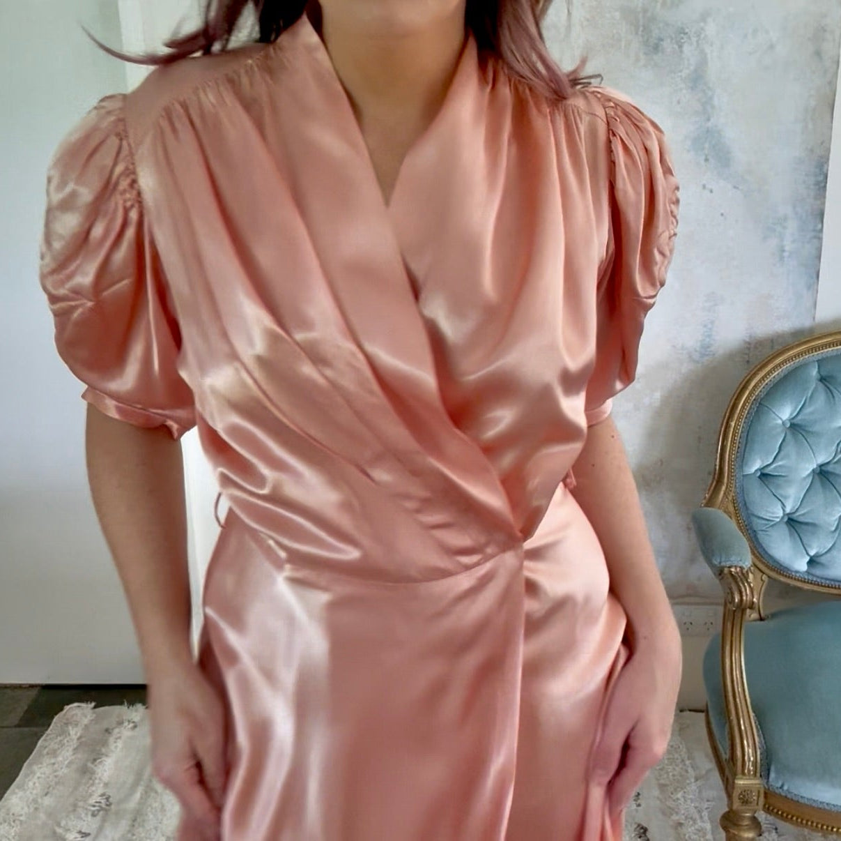 Dress 1940s Peach Silk Trapunto Gown