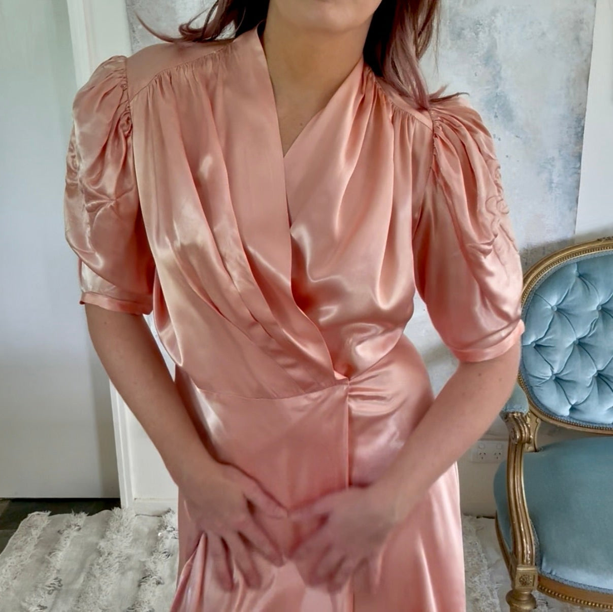 Dress 1940s Peach Silk Trapunto Gown