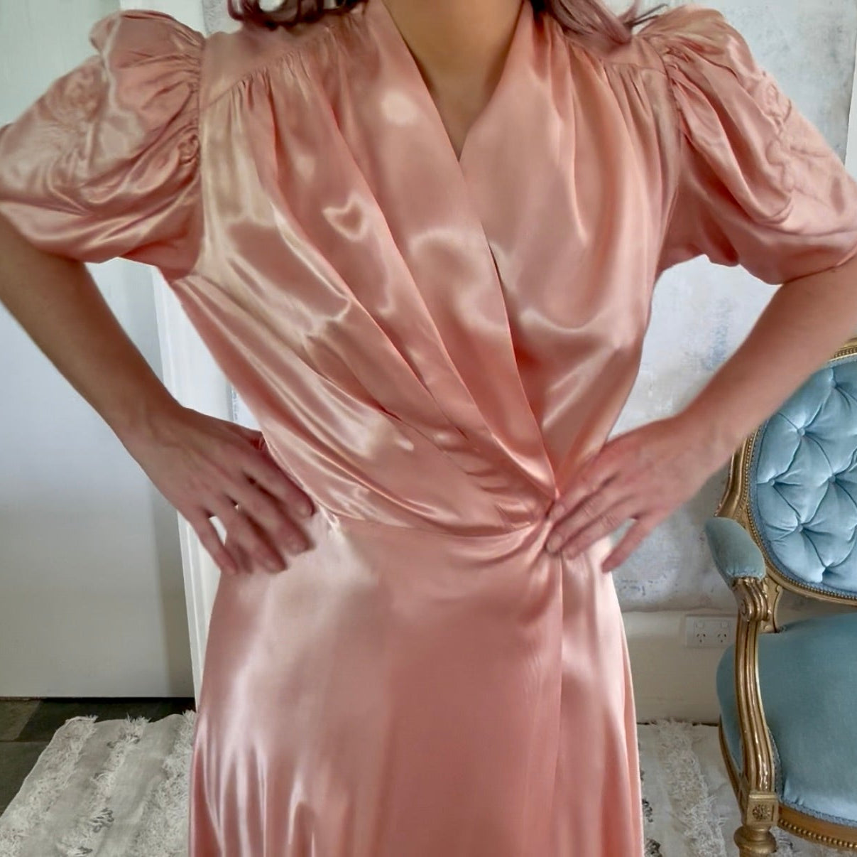 Dress 1940s Peach Silk Trapunto Gown