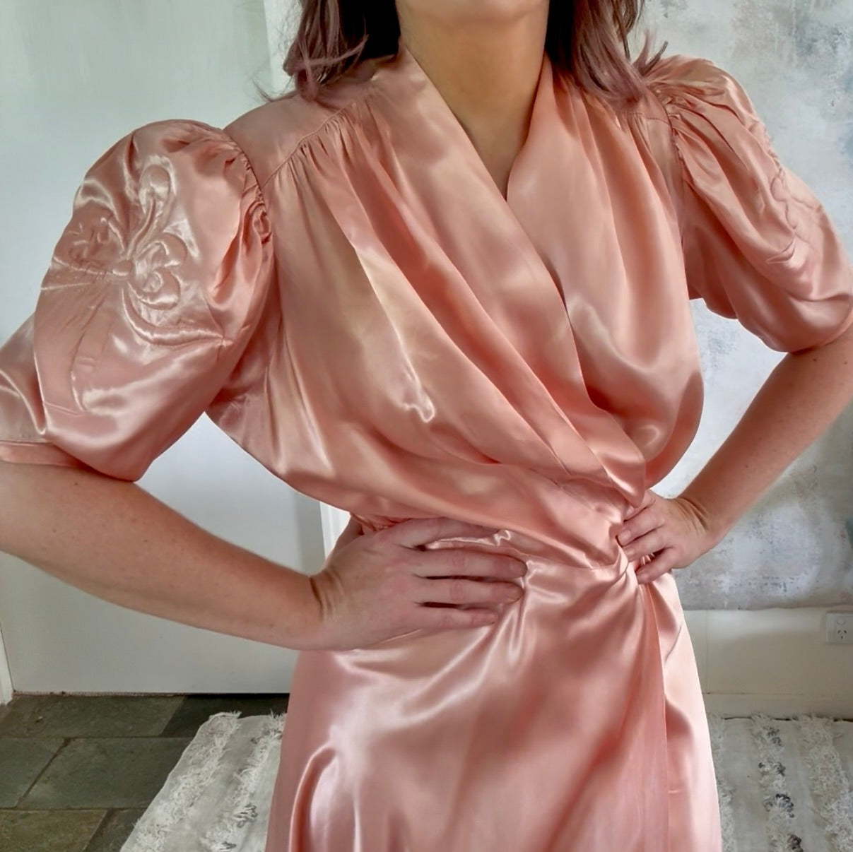 Dress 1940s Peach Silk Trapunto Gown