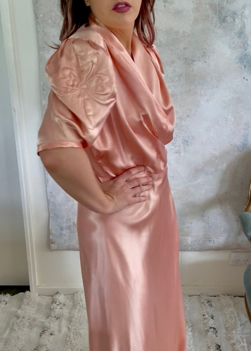 Dress 1940s Peach Silk Trapunto Gown
