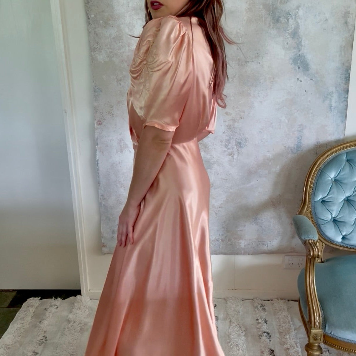 Dress 1940s Peach Silk Trapunto Gown