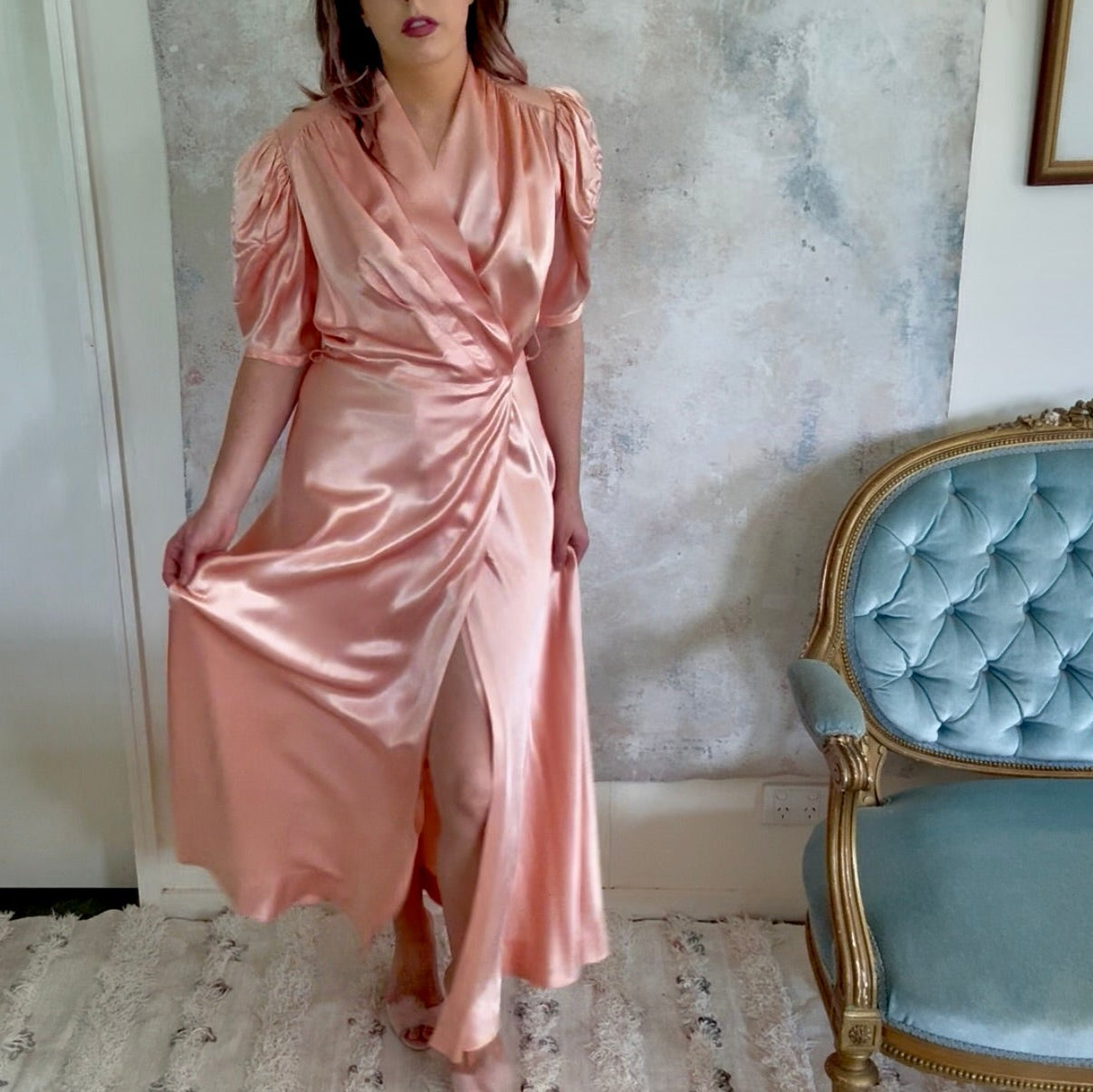 Dress 1940s Peach Silk Trapunto Gown