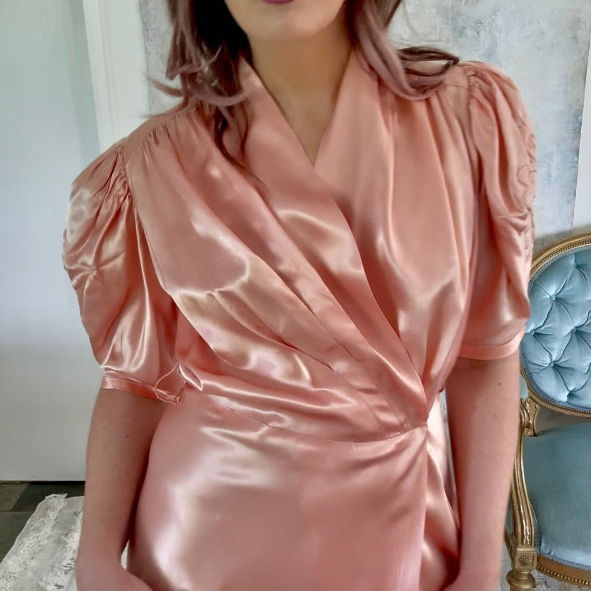 Dress 1940s Peach Silk Trapunto Gown