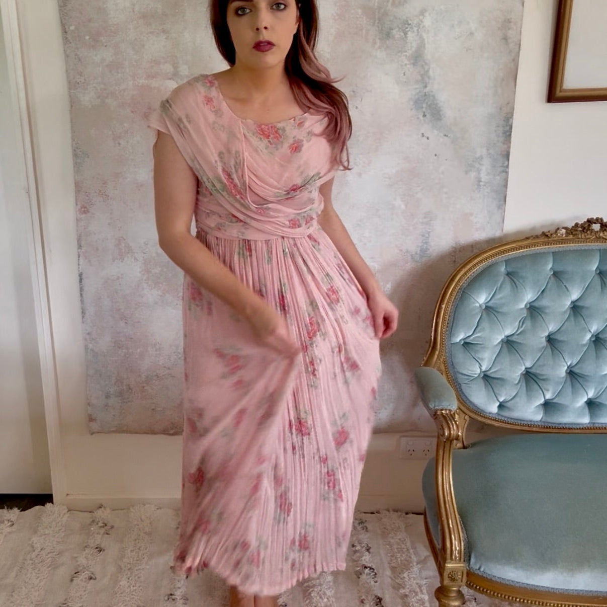 Dress 1920s Floral Drape Gown