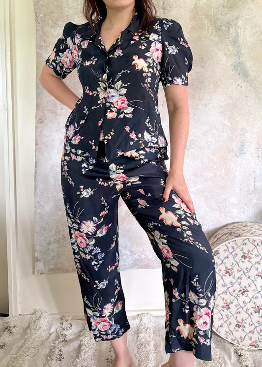 Set 1930s Floral Silk Pants Set