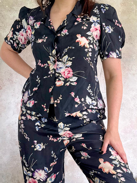 Set 1930s Floral Silk Pants Set