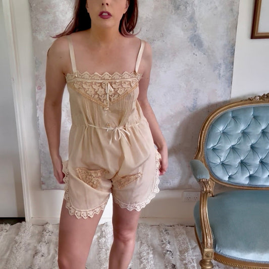 Playsuit 1920s Beige Rayon Step In Chemise