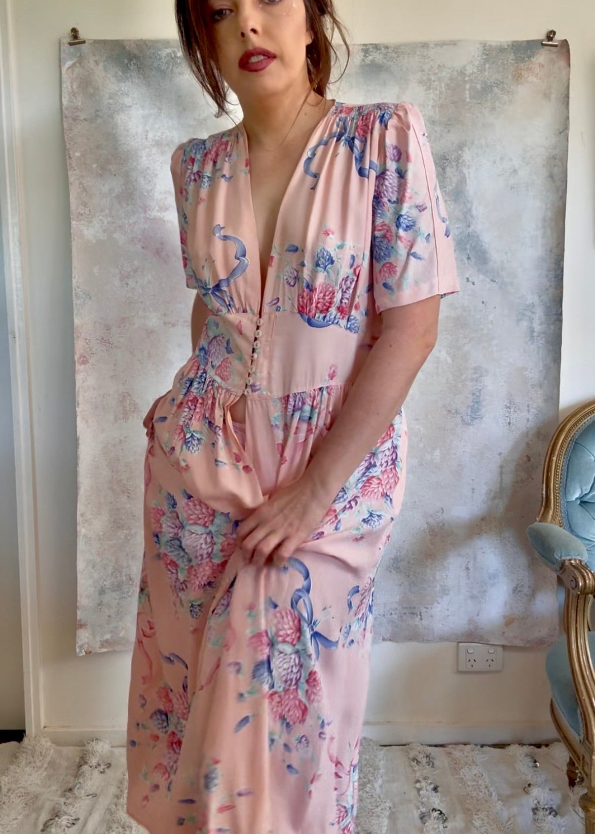 Dress 1940s Floral Print House Gown