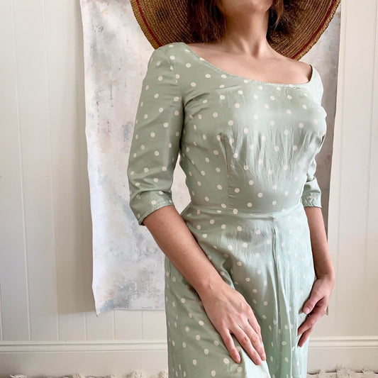 Dress 1980s Sage Polka Dot