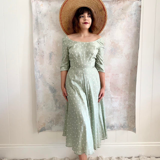 Dress 1980s Sage Polka Dot